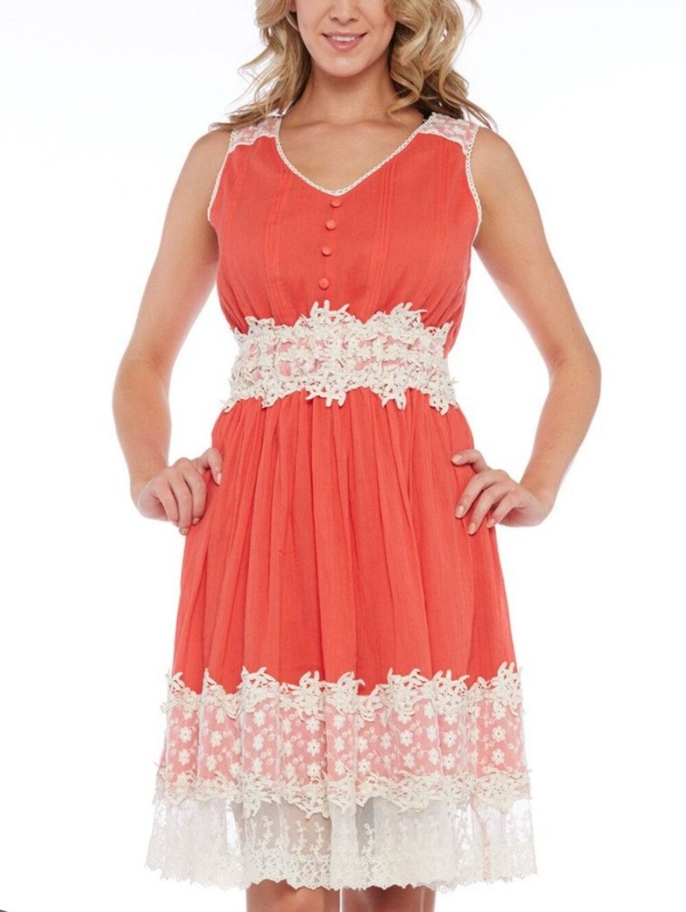 Vasna Desire Sleeveless Coral Orange Cream Lace-Trim Midi Dress Size Medium